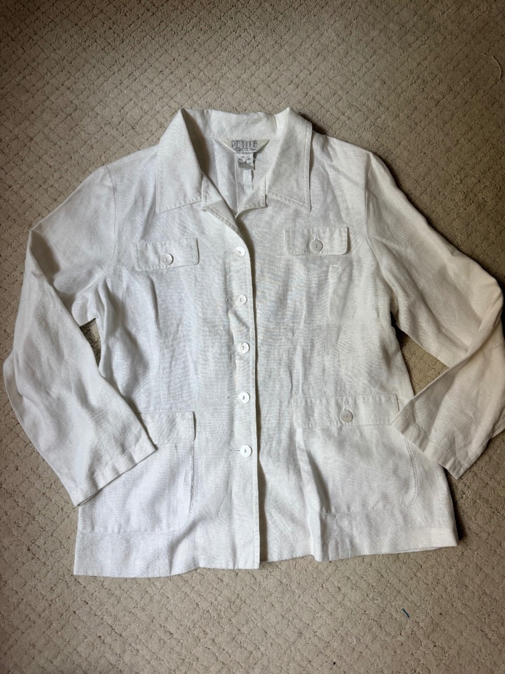 Petite Sophisticate White Linen  Safari Jacket Utility Coastal Quiet Luxury 10